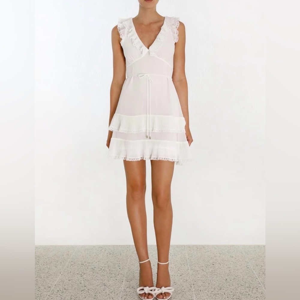 Zimmermann White Elegant Ruffled  Lace-Trimmed Mini Dress EUC size 0